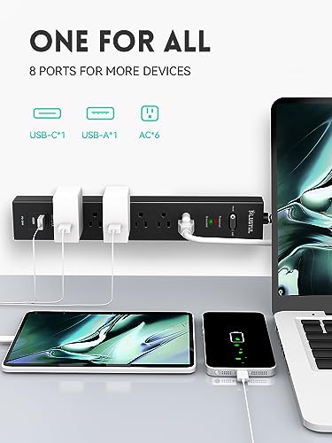 2 Pack Surge Protector Power Strip 6 FT, Extension Cord with 6 Outlets 2 USB Ports (PD 20W), Flat Plug Power Strip 980J, Overload Protection and Wall Mount for Home Dorm Room Essentials, Black
