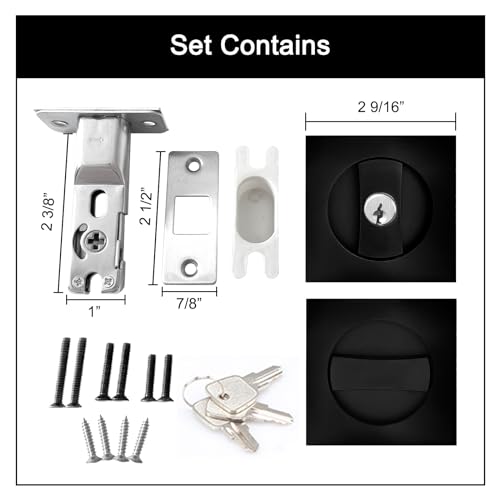 Pocket Door Lock with Key,Privacy Door Hardware Suitable for Bathroom Bedroom etc Recessed 2 Sided, 2 3/8" Backset, Invisible Hardware for 1 3/8” to 2 3/16” Thickness Door (Black)