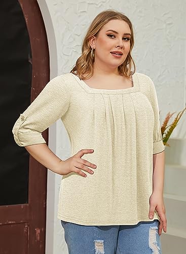 Siddhe Womens Clothes Plus Size 3/4 Sleeve Tops for Women Plus Size Tunic Tops to Wear with Leggings Work Blouses for Women Square Neck Work Shirts Navy Blue XL