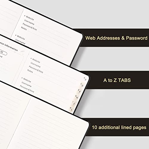 RETTACY Password Book - Password Keeper Book with Alphabetical Tabs, Internet Password & Address Organizer, 120 GSM Premium Acid-free Paper, Leather Hardcover, Gift Box, 5.3'' × 7.5'' (Black)