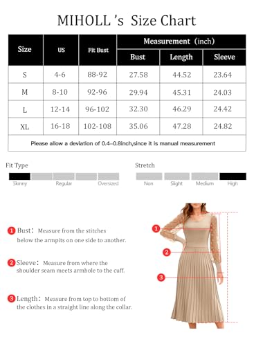 MIHOLL Long Sleeve Knit Dress for Women Lace Polka Dot Sleeve Dress Pleated Midi Dress(Carmel,Small)