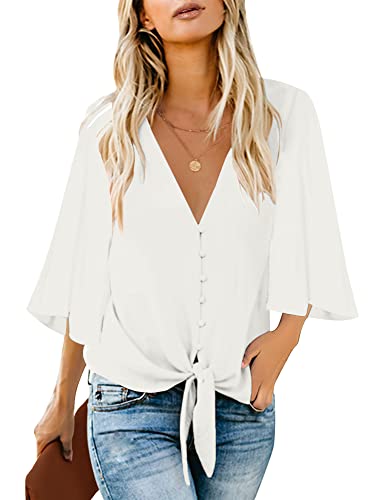 luvamia Women's Casual V Neck Tops 3/4 Sleeve Tie Knot Blouses Bell Sleeve Top V Neck Top Flowy Top White Size Large Fits Size 12 / Size 14