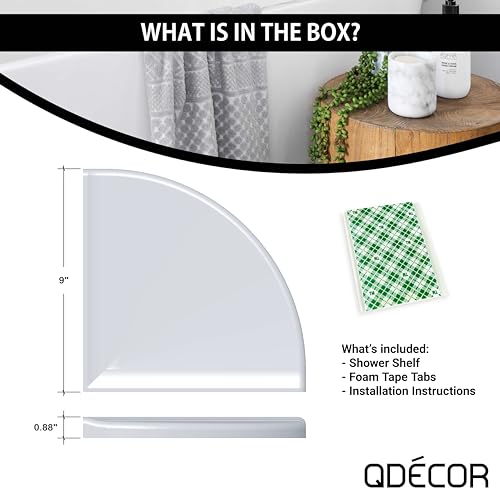 Questech Decor Corner Shower Shelf, Shower Shelf for Inside Shower Tiled Walls, Bathroom Shower Corner Storage, 9 Inch Corner Shelf Shower Caddy Classic Flatback, Bright White Matte