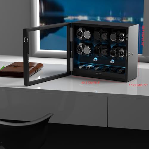 XTELARY Watch Winder for 12 Automatic Watches, Black Lockable Automatic Winders with Extra 6 Watch Storages, 4 Rotation Modes, Flexible Watch Pillows, Quiet Mabuchi Motor, and Blue Backlight