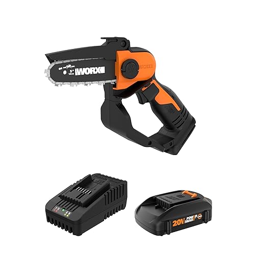 Worx 20V 5" Mini Cordless Chainsaw, 3.9 lbs, 22 ft/s Chain Speed, Power Share Battery, Upper & Hand Guard WG324 - Battery & Charger Included