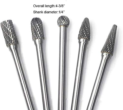 Carbide Burrs Set 5pcs JESTUOUS 1/4 Inch Shank Diameter Extended Long Double Cut Edge Solid Tungsten Carbide Burr Rotery File for Die Grinder Bits Drilling