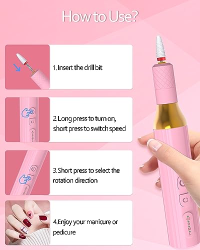 DEEHENK Electric Cordless Nail Drill Portable Nail Drill Machine for Gel Acrylic Nails, Rechargeable Nail File for Home Salon Electric Nail File Pink
