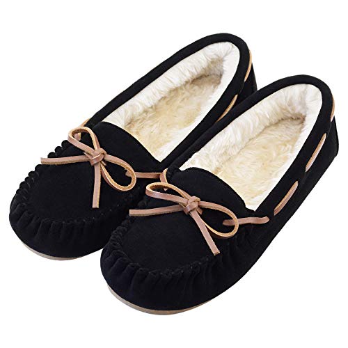 Vonair Women's Moccasin Slippers Micro Suede Warm Faux Fur Pile Lined Lace-Up Bow Cozy Indoor & Outdoor Moccasins Slip On Loafers Shoes for Women Black US 6