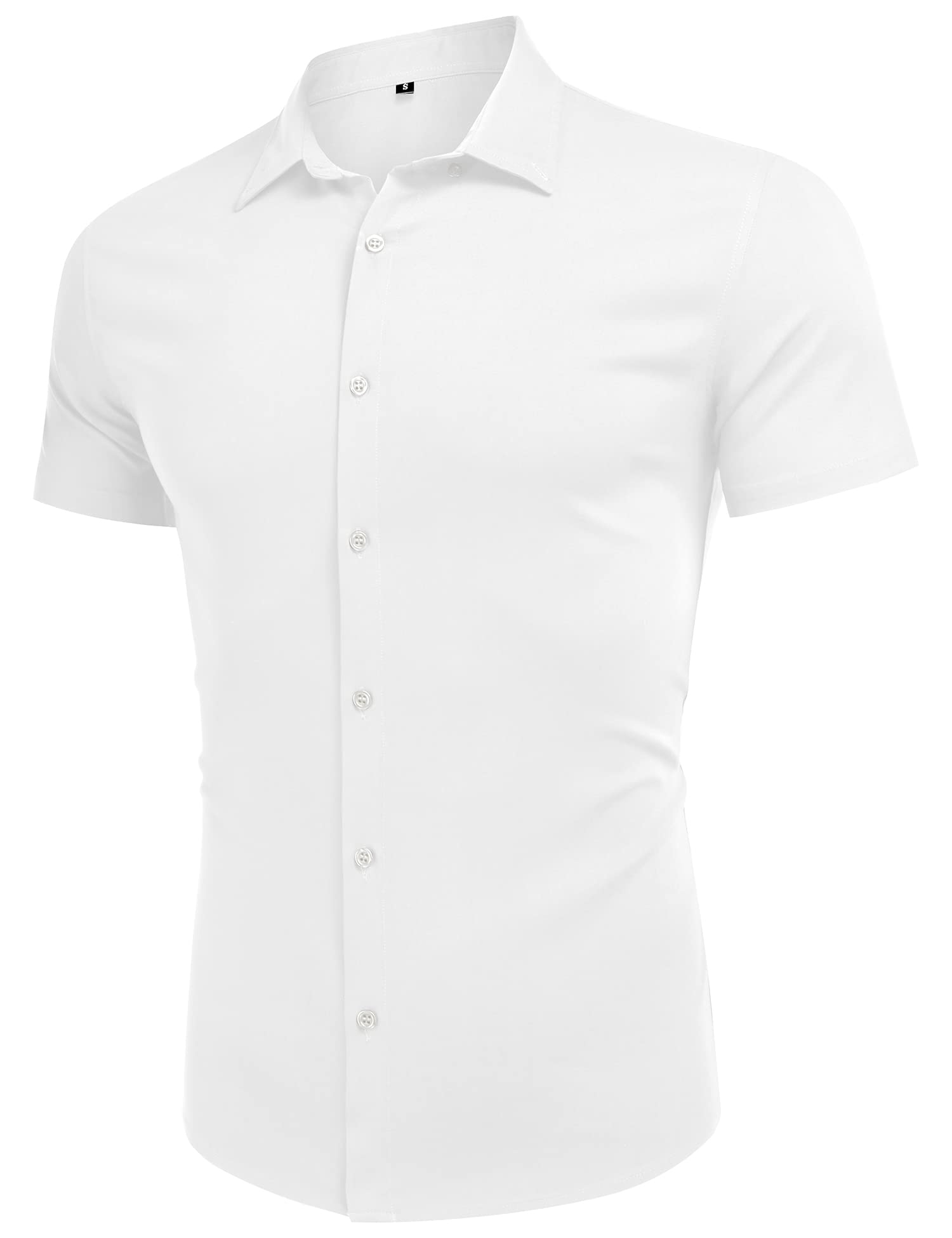 URRU Men's Muscle Dress Shirts Slim Fit Stretch Short Sleeve Casual Button Down Shirt White XL