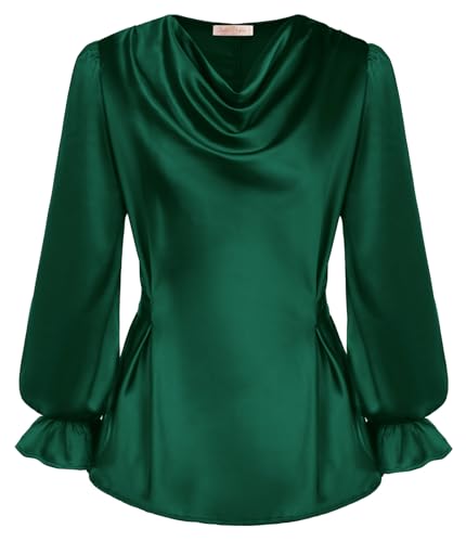 Belle Poque Black Satin Tops for Women Long Sleeve Cowl Neck Silk Peplum Blouse Dressy Elegant S