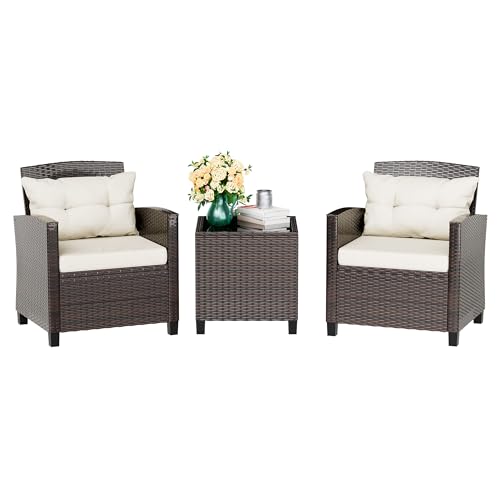 Vongrasig 3 Piece Patio Furniture Set Small Outdoor Wicker Rattan Front Porch Bistro Set Cushioned Patio Chairs Conversation Set with Glass Table for Lawn, Garden, Backyard, Balcony, Poolside (Beige)