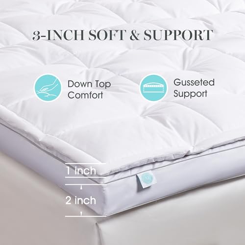 Martha Stewart Mattress Topper Twin Size - 3 Inch Feather Bed 100% Cotton Cover Fabric- All Seasons Fluffy White Mattress Pad Feather Topper Relieve Back Pain for Bedroom