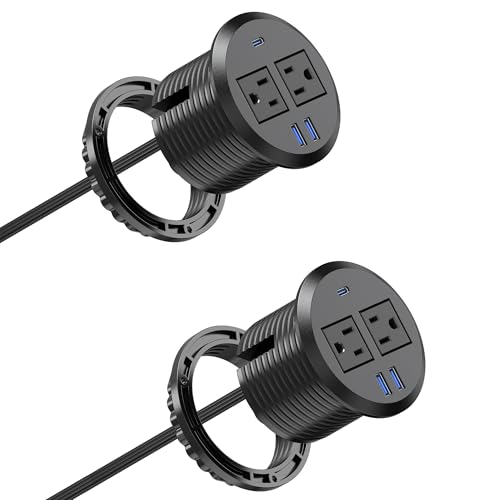 3 inch Desktop Power Grommet USB C,20W Fast Charging Station,Furniture Recessed Power Strip,2 Outlets,3 USB Ports,Flush-Mount for Desktop, Workspace Essential Desk Outlet,2 Pack (Black)