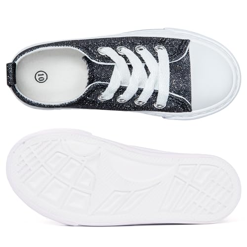 HugRain Toddler Girls Sneakers Walking Shoes Kids Child Sparkle Glimmer Fashion Glitter Adorable Lace Up Lightweight Low Top Non-Slip Outdoor Black Size 8