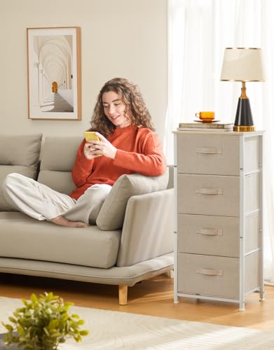 Pipishell Dresser with 4 Drawers, Tall Storage Tower with Sturdy Steel Frame Wood Top,Fabric Dresser Organizer Unit for Bedroom, Hallway, Entryway, Closets, Nursery Room