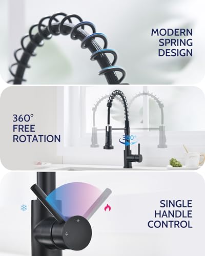 LUFEIDRA Black Kitchen Faucet with Pull Down Sprayer - High Arc Spring 304 Stainless Steel Single Hole Sink Faucet with Dual Function Pull-Down Sprayer for Bar Rv Kitchen, Matte Black