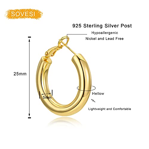 sovesi Chunky Gold Hoop Earrings for Women with 925 Sterling Silver Post, 14K Gold Plated Thick Gold Hoops Earrings for Women 40mm