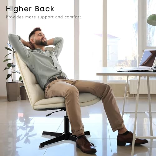 PUKAMI Criss Cross Chair,Comfy Cross Legged Office Desk Chair No Wheels,Cute Makeup Vanity Chair,Fabric Modern Swivel Height Adjustable Mid Back Wide Seat Computer Task Chair for Home Office(Beige)