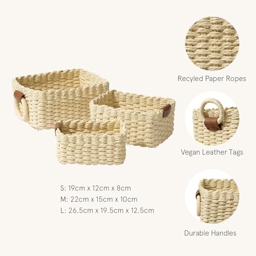 LA JOLIE MUSE Small Beige Wicker Baskets for Organizing, Recycled Paper Rope Storage Basket Container Bins for Shelves Bathroom Cupboards Drawer, Decorative Square Basket Organizer Set of 3