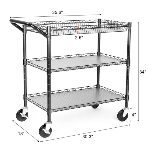 BolDuck Heavy Duty Utility Cart on Wheels,990Lbs Capacity 3 Tier Rolling Carts with Wheels,Kitchen Cart on Wheels with Storage,Commercial Grade Metal Serving Cart with Wire Shelving &Handle Bar,Black