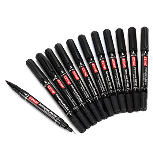 ZEYAR Twin Tip Permanent Markers, CD/DVD Markers, 4 Color, Ultra Fine Point and Fine Point for Signature and Marking (12 Black Color)