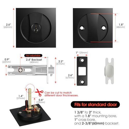 Aglehome Square Door Hardware - Sliding Pocket Door Lock with Key, Flush Latch for Bed/Bath, Matte Black, 2-3/8" Backset