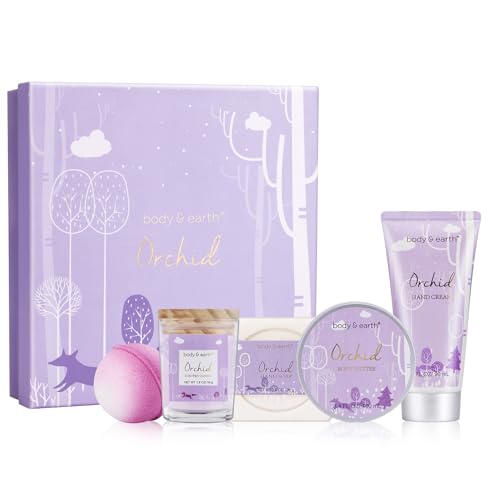 Spa Gifts for Women, Body & Earth 5 Pcs Gifts for Women Orchid Gift Set for Women, Bath and Body Gifts Set, Birthday Gifts for Women, Self Care Bath Gifts Kit