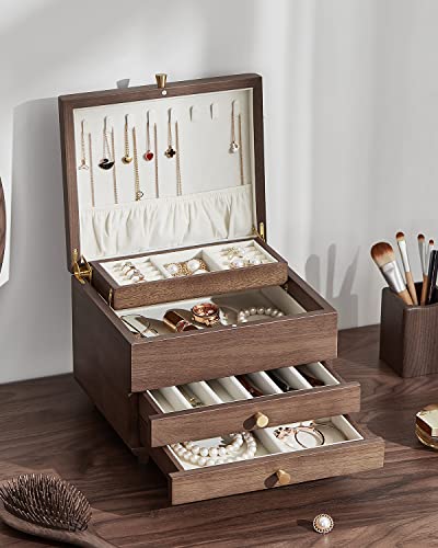 CHOSIN Wooden Jewelry Box, 3 Layer Large Jewelry Organizer for Women, Black Walnut Solid Wood, Jewelry Storage for Necklaces Rings Earring Watches Bracelets Birthday Gifts (No Mirror)