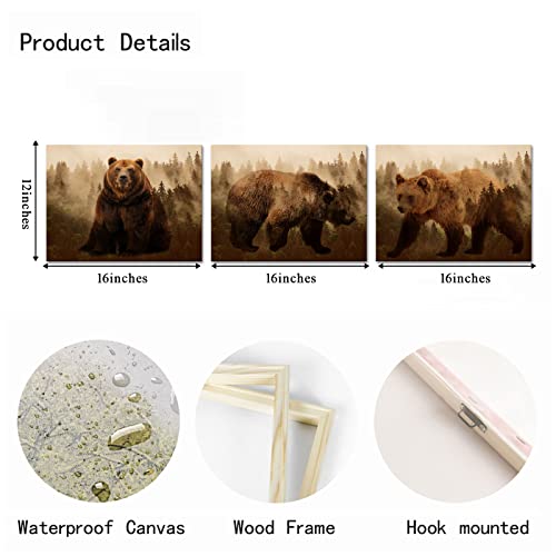OuElegent Brown Bear Canvas Wall Art Forest Animal Art Print Painting Picture 3 Pieces Stretched and Framed for Living Room Bedroom Bathroom (small)