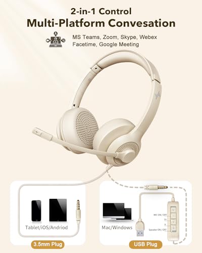 EAGLEND USB Headset with Microphone for PC, On-Ear Computer Laptop Headphones with Noise Cancelling Mic in-line Control for Home Office Online Class Zoom (3.5mm, Black)