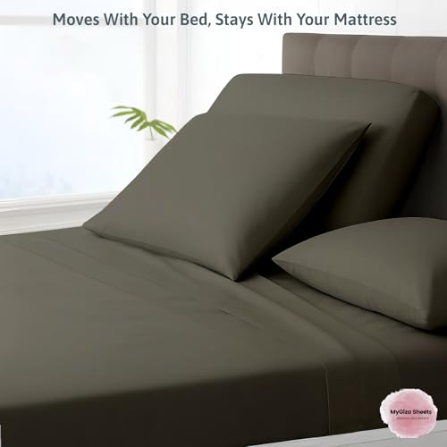 MyGiza Sheets 4 Pcs Top Split King Sheet Sets for Adjustable Bed, 100% Giza Cotton Perfect for Sleep Number Beds, King 34" Down Flex Head, Fits 16" Deep Mattress, Dark Grey Solid