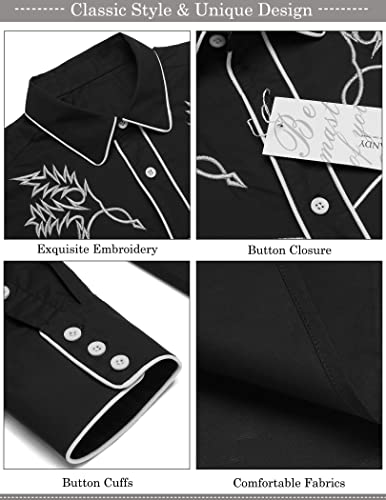 COOFANDY Men's Western Cowboy Shirt Long Sleeve Embroidered Cotton Casual Button Up Shirts for Men, Black(PAT8), Large