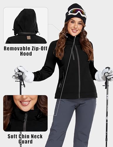 Little Donkey Andy Women’s Softshell Jacket, Ski Snowboarding Jacket with Removable Hood, Fleece Lined Black XS