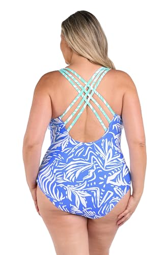 La Blanca Women's Plunge One Piece Swimsuit, Chambray//Beachside Bay, 22