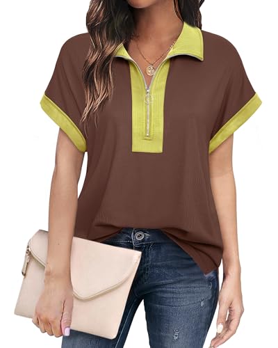 Vivilli Casual Tops for Women: School Outfits for Teachers Summer Women's Polo Shirts Work Trendy Dressy Casual Short Sleeve Business Ladies Zipper Collared V Neck Golf Shirts Grey L