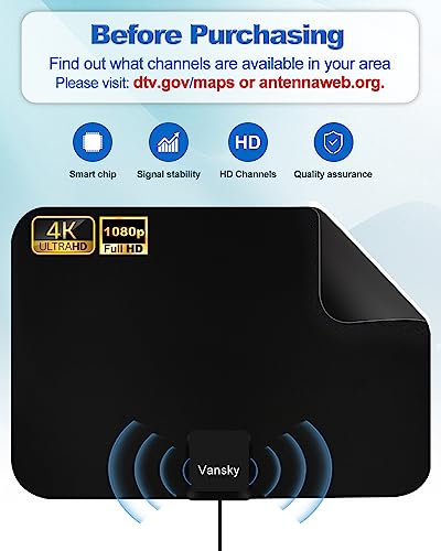 TV Antenna Indoor, Digital Amplified Indoor HDTV Antenna, 1080p VHF UHF Television Local Channels Detachable Signal Amplifier and 16.5ft Long Coax Cable