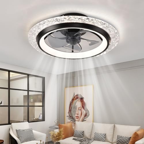 KINDLOV Ceiling Fans with Lights,Flush Mount Ceiling Fan with LED Light, Remote Control, and Six-Speed Wind Adjustment,Modern Ceiling Fan with Light for Bedroom,Kitchen,Living Room,Black