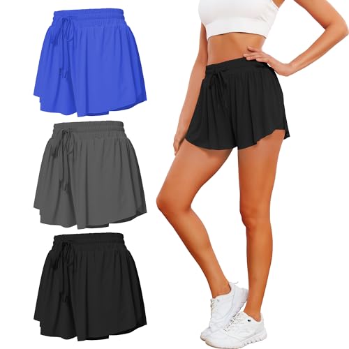 TYCTOS 2 in 1 Flowy Athletic Shorts for Women Gym Athletic Shorts for Women Pack Double Layer Butterfly Shorts for Women 3 Pack:Black&Dark Grey&Royal X-Small