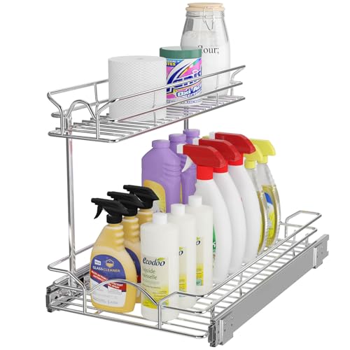 OCG Under Sink Cabinet Organizer Two Tier Pull Out Shelf (11.75W x 17D), Under Sink Sliding Shelf for Kitchen Bathroom Cabinet 2 Tier Chrome