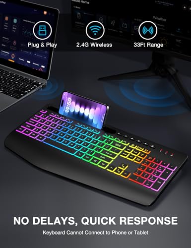 SABLUTE Wireless Keyboard with 9 Backlit Effects, Wrist Rest, Phone Holder, 2.4G Lag-Free Ergonomic Keyboards, Rechargeable Silent Cordless, for Computer, Laptop, Windows, Work, School (Keyboard Only)