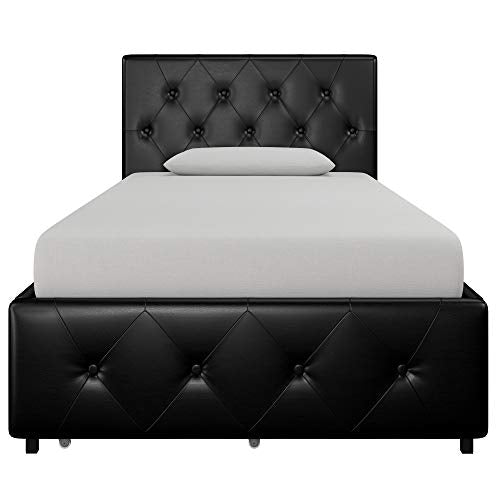 DHP Dakota Upholstered Platform Bed with Underbed Storage Drawers and Diamond Button Tufted Headboard and Footboard, No Box Spring Needed, Twin, Black Faux Leather