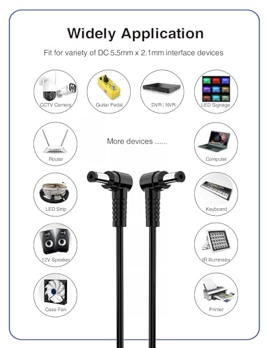 VOLTKARE 【10 Nail-in Cable Clips】 DC Power Extension Cable, 3.28FT 1M, 5.5mm x 2.1mm, 90 Degree Right Angle Ends, Male to Male, for Security Cameras,LED Lights, Guitar Effect Pedal(2Pack)