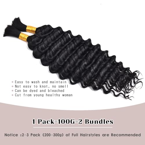Human Braiding Hair For Boho Braids Human Hair Bundles Deep Wave Bundles 100g(2 Bundles/Pack) Human Braiding Hair Extensions No Weft 100% Brazilian Virgin Curly Braiding Hair (27#, 18Inches)