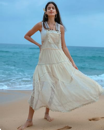 Gacaky Summer Dress for Women Casual Floral Embroidered Bohemian Dress Adjustable Straps Bib Maxi Flowy Dress with Pockets Yellow L