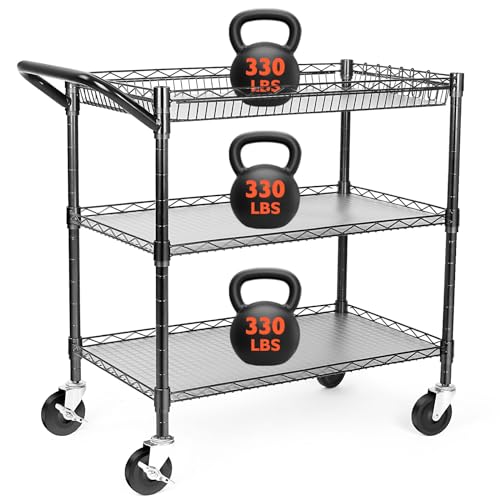 BolDuck Heavy Duty Utility Cart on Wheels,990Lbs Capacity 3 Tier Rolling Carts with Wheels,Kitchen Cart on Wheels with Storage,Commercial Grade Metal Serving Cart with Wire Shelving &Handle Bar,Black