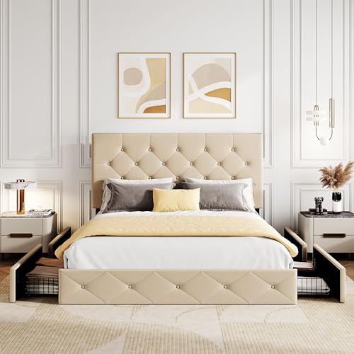 SHA CERLIN Upholstered King Size Platform Bed Frame with 4 Storage Drawers, Adjustable Headboard with Diamond Stitched Button Tufted Design, Wooden Slat Support, No Box Spring Needed, Black