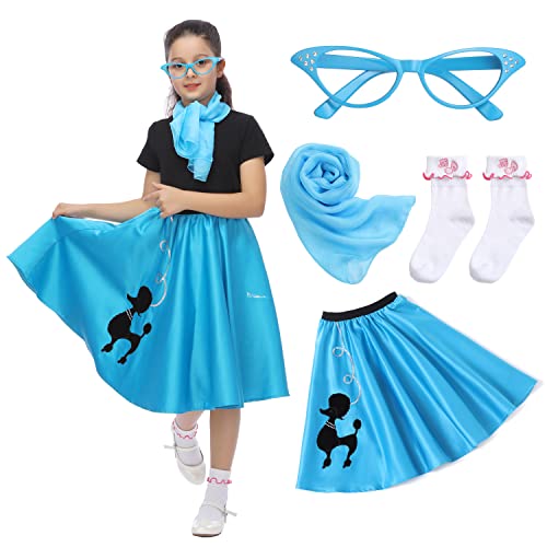 Rabtero Kids Sock Hop Costume, Girls 1950s Dress Costume, 50's Poodle Skirt with Scarf, Glasses and Socks for Girls 4-6, Small, Blue