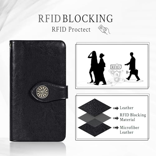 Travelambo Women's Wallet RFID Blocking Wristlet Clutch Large Capacity Credit Card Holder Leather Purse Wallets with Removable Wrist Strap