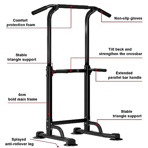 SogesHome Power Tower Pull Up Bar and Dip Station Adjustable Height Dip Stand Multi-Functional Strength Training Fitness Workout Station, Black
