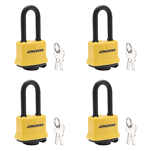 CINCINNO 4 Pack Heavy Duty Covered Laminated Steel Padlocks Keyed Alike, Weatherproof Padlocks with 1-9/16 in. Wide Body, Long Shackle for Gate, Shed, Storage Locker Lock